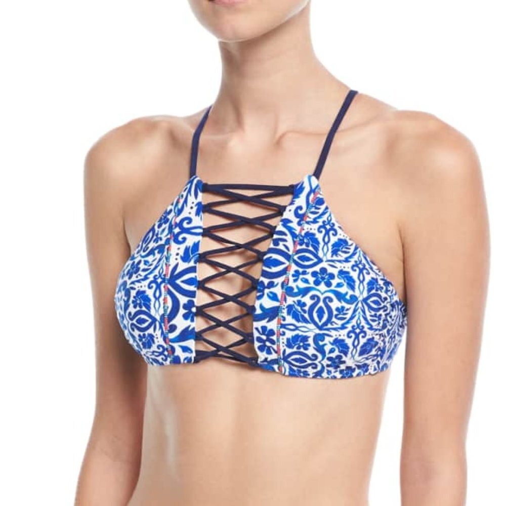 NWT Nanette Lepore Women's Talavera Enchantress High Neck Bikini Top Azure